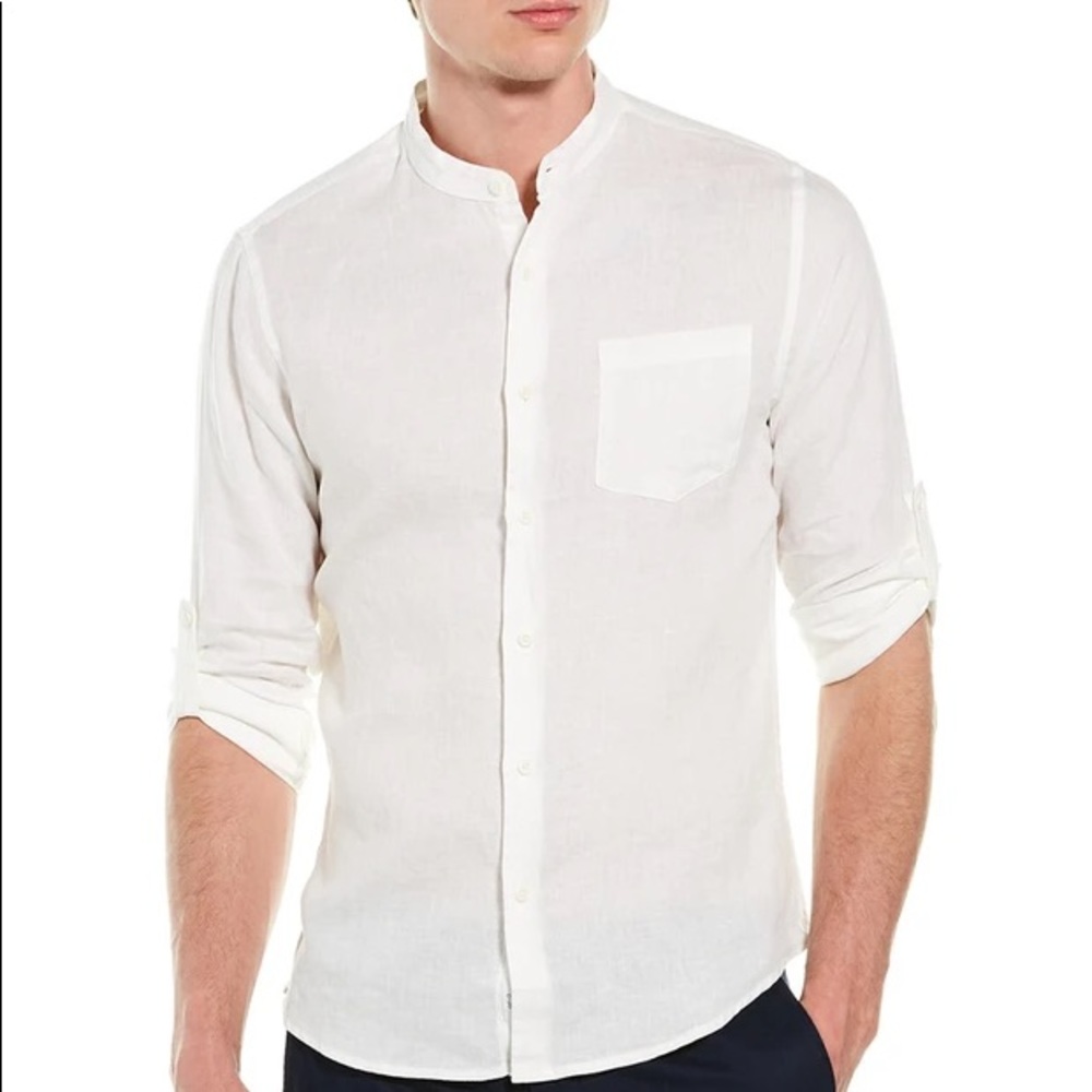 Onia White Linen Collarless Long Sleeve Shirt (M)